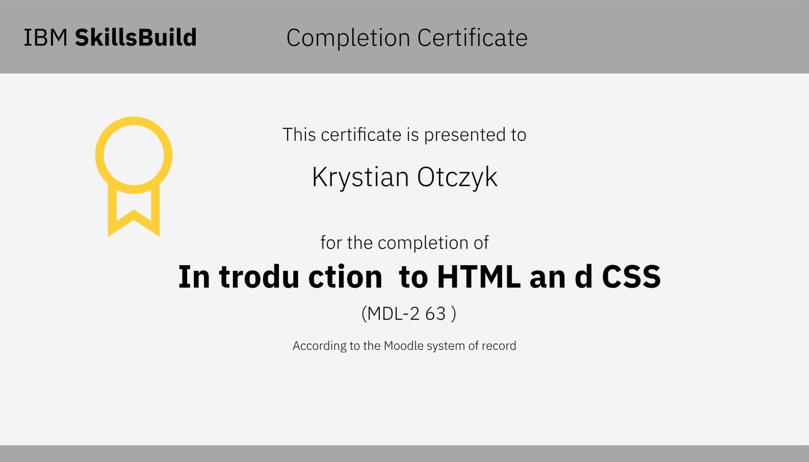 Certyfikat Introduction to HTML and CSS - IBM SkillsBuild